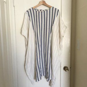 Linen caftan dress with blue stripes, tie back